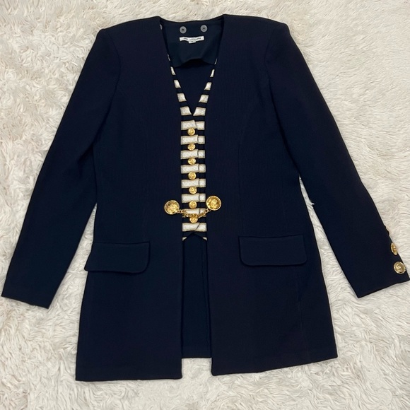 St. John Nautical Santana Knit Navy Blue Striped Vest Chain Blazer Jacket 6 Wool - Picture 6 of 9